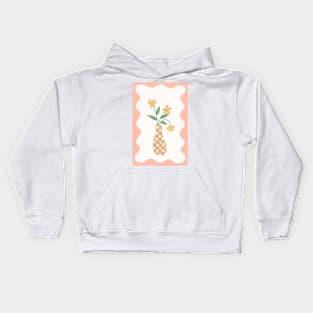 checkered warm beige and tan vase with yellow flowers with peach squiggle frame Kids Hoodie